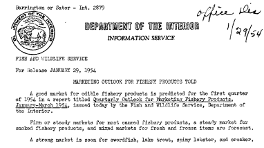 Marketing Outlook for Fishery Products Told January 29, 1954