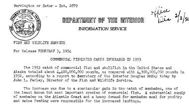 Commercial Fisheries Catch Increased in 1953 February 3, 1954 A