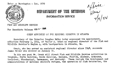 Gresh Appointed as FWS Regional Director in Atlanta February 3, 1954 B