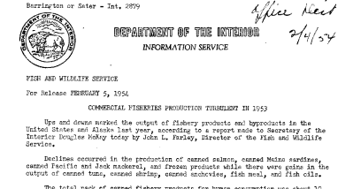 Commerical Fisheries Production Turbulent in 1953 February 5, 1954