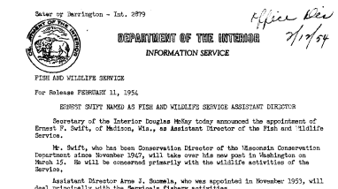 Ernest Swift Named as Fish and Wildlife Service Assistant Director February 11, 1954