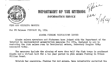 Alaska Fishing Regulations Issued February 19, 1954