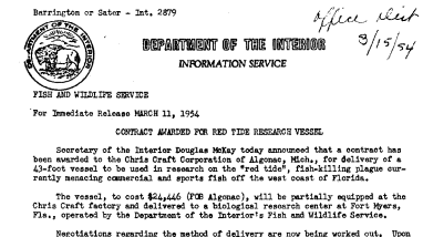 Contract Awarded for Red Tide Research Vessel March 11, 1954 B