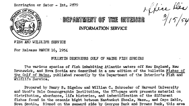 Bulletin Describes Gulf of Maine Fish Species March 16, 1954