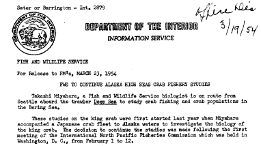 FWS to Continue Alaska High Seas Crab Fishery Studies March 23, 1954 A