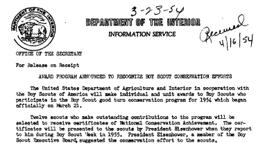 Award Program Announced to Recognize Boy Scout Conservation Efforts March 23, 1954 B