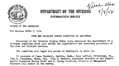 Fish and Wildlife Survey Committee Is Appointed April 7, 1954
