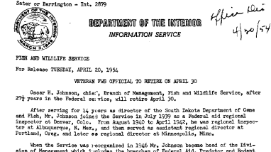 Veteran FWS Official to Retire on April 30 (Oscar H. Johnson) April 20, 1954