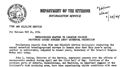 Unseasonable Weather in Canadian Prairie Providences Causes Concern About Waterfowl Production May 21, 1954