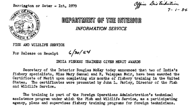 India Fishery Trainees Given Merit Awards June 30, 1954