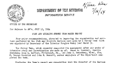 Fish and Wildlife Survey Team Makes Report July 15, 1954