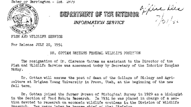 Dr. Cottam Resigns Federal Wildlife Position July 20, 1954
