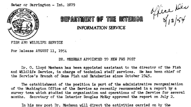 Dr. Meehean Appointed to New FWS Post August 11, 1954