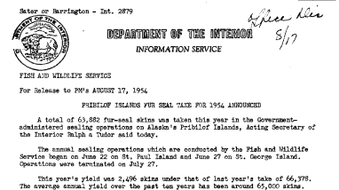 Pribilof Islands Fur Seal Take for 1954 Announced August 17, 1954