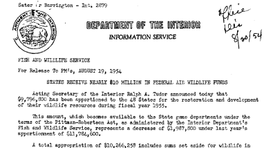 States Recieved Nearly $10 Million in Federal Aid Wildlife Funds August 19, 1954 B