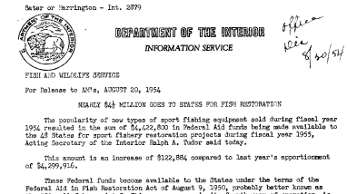 Nearly $4 1/2 Million Goes to States for Fish Restoration August 20, 1954
