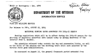 Waterfowl Hunting Dates Announced for 1954-55 Season August 25, 1954