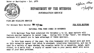 National Tuna Week Comes in November October 27, 1954 B