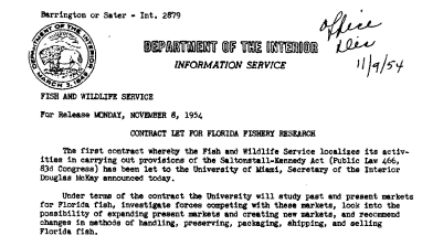 Contract Let for Florida Fishery Research November 8, 1954 B