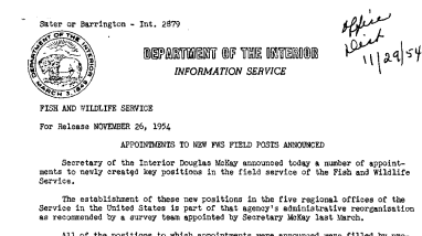 Appointments to New FWS Field Posts Announced November 26, 1954
