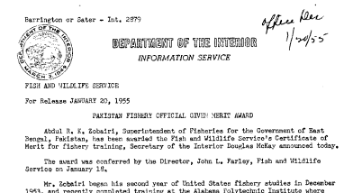 Pakistan Fishery Official Given Merit Award January 20, 1955