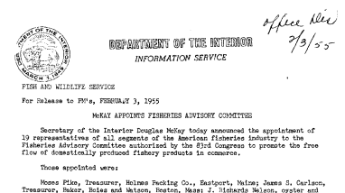 Mckay Appoints Fisheries Advisory Committee February 3, 1955