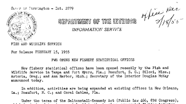 FWS Opens New Fishery Statistical Offices February 15, 1955