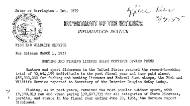 Hunting and Fishing License Sales Continue Upward Trend March 1, 1955