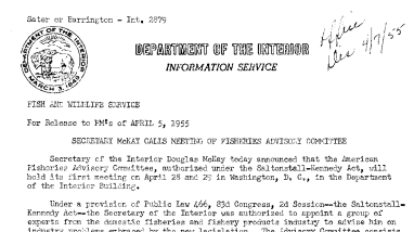 Secretary Mckay Calls Meeting of Fisheries Advsory Committee April 5, 1955