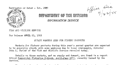 Steady Markets Seen for Fishery Products April 23, 1955