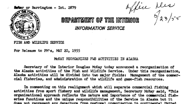 Mckay Reorganizes FWS Activities in Alaska May 20, 1955