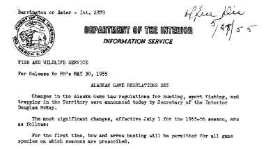Alaskan Game Regulations Set May 30, 1955 A
