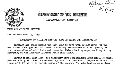 Expansion of Wildlife Refuges Aids in Waterfowl Conservation June 14, 1955