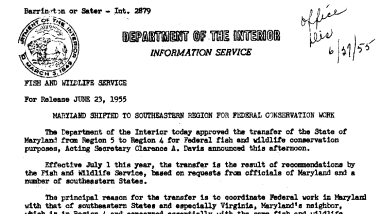 Maryland Shifted to Southeastern Region for Federal Conservation Work June 23, 1955