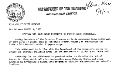 Montana Big Game Range Protected by Public Lands Withdrawal August 9, 1955