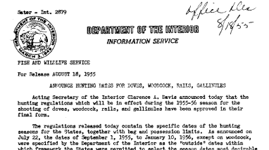 Announce Hunting Dates for Doves, Woodcock, Rails, Gallinules August 18, 1955 A
