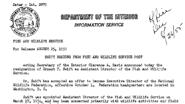 Swift Resigns From Fish and Wildlife Service Post August 25, 1955