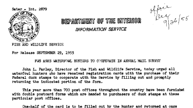 FWS Asks Waterfowl Hunters to Cooperate in Annual Mail Survey September 29, 1955