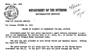 Prices up Slightly at Government Fur-Seal Auction October 12, 1955