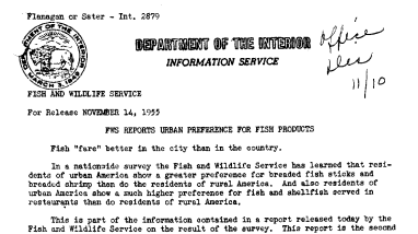 FWS Reports Urban Preference for Fish Products November 14, 1955 A