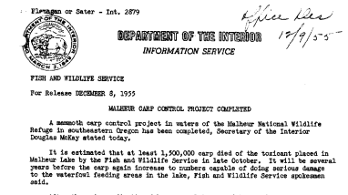 Malheur Carp Control Project Completed December 8, 1955 A
