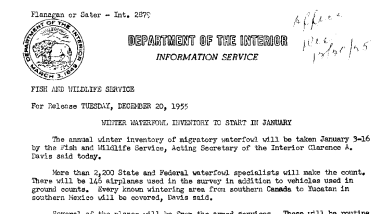 Winter Waterfowl Inventory to Start in January December 20, 1955