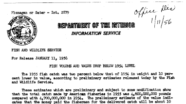 Fish Volume and Value Drop Below 1954 Level January 11, 1956