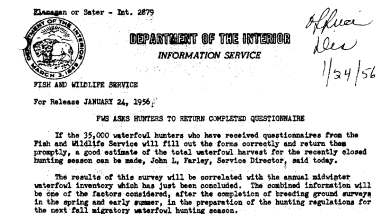 FWS Asks Hunters to Return Completed Questionaire Januaary 24, 1956 B