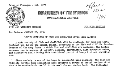 Lenten Supplies of Fish and Shellfish Offer Wide Variety January 25, 1956
