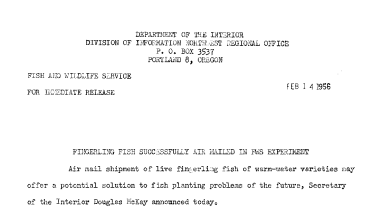 Fingerling Fish Successfully Air Mailed in FWS Experiment February 14, 1956