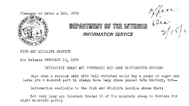 Interstate Swaps and Purchases Aid Game Restoration Program February 19, 1956