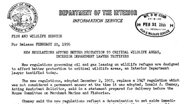 New Regulations Afford Better Protection to Critical Wildlife Areas, Interior Department Lawyer Testifies February 20, 1956