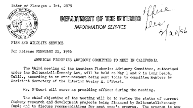 American Fisheries Advisory Committee to Meet in California February 21, 1956