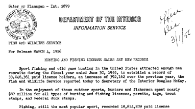 Hunting and Fishing License Sales Set New Records March 4, 1956